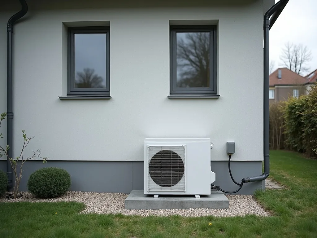Außengerät einer Luft-Wasser-Wärmepumpe an einem Einfamilienhaus in München